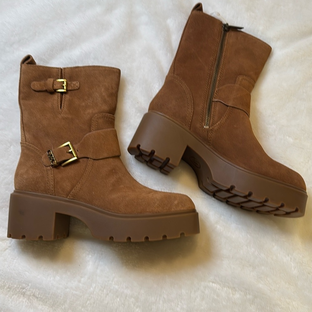 Michae Kors Sz 7.5 Perry Suede Combat Moto Lugged Heel Boot
